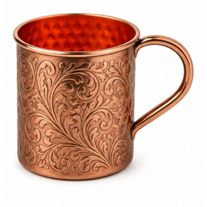 Vente en gros de tasses à Moscow Mule en cuivre pur gaufré, fabriquées à la main, gravées de motifs floraux, en cuivre massif, vaisselle de bar vintage haut de gamme pour cocktails - Product Image 1