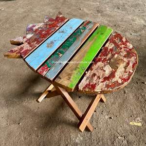 Mesa de Centro Plegable con Diseño de Piña, Madera de Barco Reciclada, Color Natural, Hecha a Mano, Exportación, Mueble Compacto para Interiores y Exteriores - Product Image 3