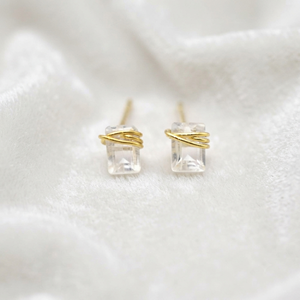 Wire Wrapped Sapphire Baguette <b>Stud</b> <b>Earrings</b> Gold Plated Brass Minimalist Women's Jewelry - Product Image 2