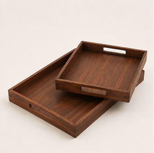 Ensemble de 2 plateaux de service rectangulaires en noyer de luxe, faits à la main, avec poignées, pour la maison, l'hôtel et les cadeaux - Product Image 2