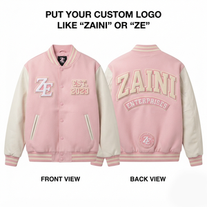 <b>Mens</b> Varsity <b>Jacket</b> 450 GSM Premium Fleece Wool Feel Pink Off <b>White</b> Contrast Sleeves Chenille Patch Custom Embroidery - Product Image 1