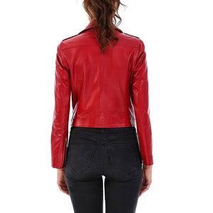 Chaqueta de Motociclista de Cuero Genuino Rosa para Mujer, Manga Larga, Cierre de Cremallera, Cuello Camisero, Color Sólido, Estilo Otoñal - Product Image 6