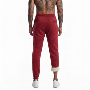 Manufacturer Men's Burgundy Sherpa Lined Fleece <b>Linen</b>/Cotton Anti-Pilling Lightweight Warm Spring Joggers Athletic Gym - Product Image 2