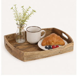 Juego de 3 bandejas de servir apilables de madera de mango rústica hechas a mano, ecológicas, rectangulares, con asas recortadas. - Product Image 2