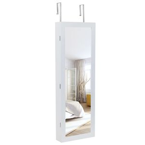 Armadietto da Parete in Legno Bianco a 4 Ripiani con 2 Cassetti e 8 Luci LED Blu, Non Completamente a Specchio, per Conservazione Gioielli - Product Image 3