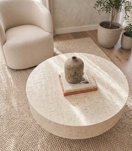 <b>Round</b> Bone Inlay <b>Wood</b> Frame Modern <b>Coffee</b> <b>Table</b> Pedestal Living Room Furniture ODM - Product Image 2