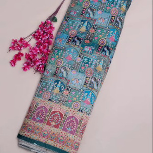 Tissu en viscose pure jacquard beige camel à imprimé ethnique et paysager avec bordure ornementale pour la confection de Kurtis de créateurs - Product Image 1