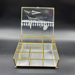 <b>Vintage</b> Clear Glass Jewelry <b>Box</b> With Gold Brass Metal Frame Rectangular Decorative Display Case For Earrings Rings Necklaces - Product Image 5