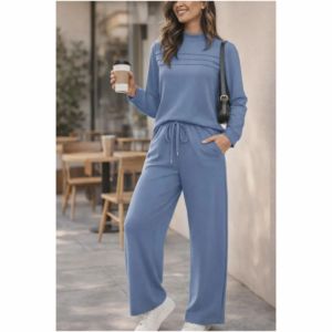 Ensemble décontracté 2 pièces pour femme : haut à manches longues et pantalon large avec cordon de serrage - Product Image 1