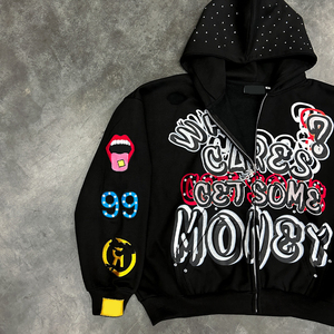 Sweat à capuche homme Y2K personnalisé, style streetwear, imprimé en relief, strass sur le capuche, effet vieilli vintage, 500 GSM, fermeture éclair, noir, coupe oversize - Product Image 2