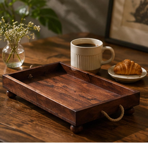 Bandeja de Madera para Servir con Asas de Cuerda y Patas de Bola, Bandeja Rústica de Madera para Té, Café, Desayuno, Comida y Bebidas - Product Image 6
