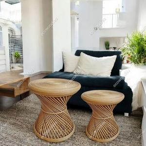 Portable Bone Inlay Console Bamboo Stool Handwoven Boho Pouffe Ottoman Set of 2 Natural Bamboo Wicker for Bedroom Living Area - Product Image 3