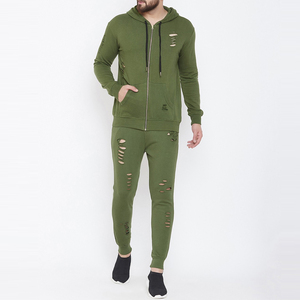 Sweat-shirt à capuche zippé vert olive délavé pour homme avec poches latérales et pantalon assorti, décontracté, hiver, 100 % coton molletonné - Product Image 1
