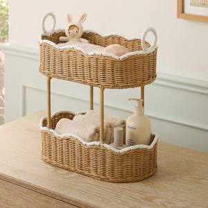Panier à couches à 2 niveaux en rotin festonné, support de rangement en rotin, organisateur de chambre d'enfant, étagère en osier pour jouets de bébé et couches - Product Image 2