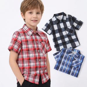 Chemise à manches courtes à carreaux pour garçons, col rabattu décontracté, poche, coupe classique, tissu tissé, séchage rapide, anti-rétrécissement, 100% coton - Product Image 1