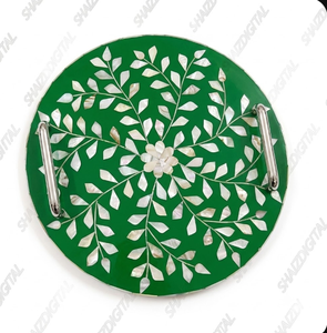 Plateau de service rond moderne en métal vert à motif floral fait main avec poignées en métal pour table basse et décoration intérieure - Product Image 1