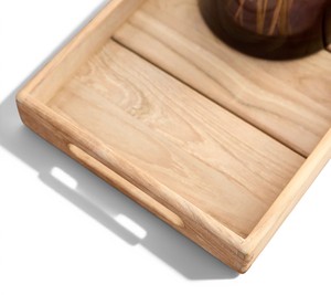 Bandeja de Servicio Rectangular de Madera de Teca Sólida Minimalista al por Mayor con Asas, Decorativa para Hoteles, Resorts y Restaurantes de Lujo - Product Image 3