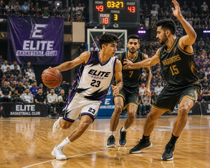 Conjunto de Camiseta y Pantalones Cortos de Baloncesto Premium Elite Squad en Blanco, Negro y Morado con Diseño Dinámico de Pinceladas para Competición - Product Image 6