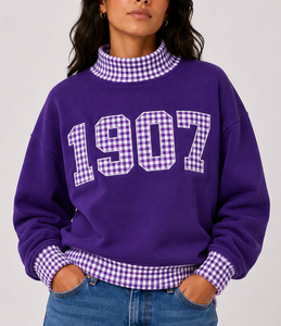 Sweat-shirt à col roulé violet pour femme 1907, patchwork à carreaux, imprimé lettres, en polaire, style streetwear décontracté, pour l'automne - Product Image 4