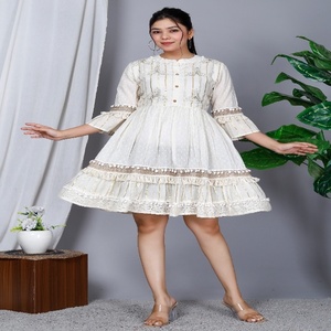 Chic Ivory Cotton Women's Fit and Flare <b>Kurti</b> with Delicate Embroidery Lace Details and Feminine Tiered Design - Product Image 4