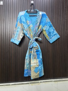 <b>Women</b> Turquoise Silk Patchwork <b>Robe</b> Knee Length Three Quarter Sleeve Handmade Casual Bohemian Style Red - Product Image 1