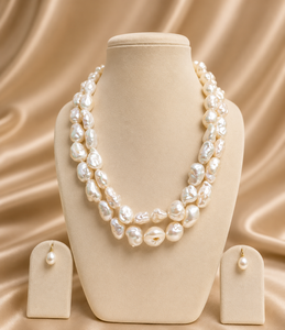 Conjunto de Collar y Aretes de Perlas Barrocas de Imitación de Primera Calidad, Grado AA, Color Blanco, Moderno, de 2 Hileras, para Mujer, Bodas - Product Image 1
