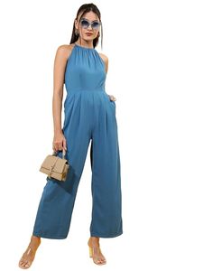 Combinaison décontractée bleue pour femme, style licou sans manches, taille haute, coupe ample, longueur cheville, couleur unie, en satin tricoté, style streetwear - Product Image 1