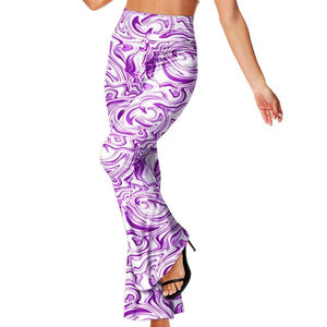 Pantalones Acampanados de Mujer con Estampado de Mármol Morado y Blanco, de Cintura Alta Elástica, Ajuste Holgado, Largos, Casuales de Verano, Tejidos en Spandex y Poliéster - Product Image 2