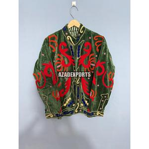 Green <b>Velvet</b> Mandarin Collar Jacket with <b>Red</b> Embroidery Full Sleeve Winter Women's Outerwear Quick Dry Cotton Lining Pullover - Product Image 2