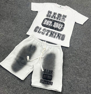 Custom Tracksuit Summer latest fashion <b>top</b> Acid Wash Two 2 latest Piece Set Screen Printing Cropped T Shirt and Shorts Set Men - Product Image 1