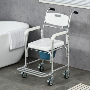 Sedia Comoda 3-in-1 Bianca Imbottita, Impermeabile, con Ruote, Capacità di Carico 150 kg, Sedia a Rotelle Portatile per Doccia - Product Image 2