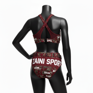 ชุดบิกินี่ผู้หญิงพรีเมียม โพลีเอสเตอร์คุณภาพสูง ผสมสแปนเด็กซ์ ลายกราฟิกสีแดงเบอร์กันดี พร้อมโลโก้สั่งทำพิเศษ - Product Image 2