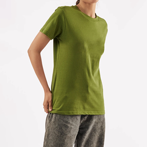 Camiseta de Cuello Redondo Verde Oliva para Mujer, Corte Regular, Manga Corta, 100% Algodón Jersey, Informal, Transpirable, Color Sólido, para Todas las Temporadas - Product Image 4