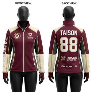 Sweat-shirt d'entraînement de hockey sur glace pour femmes, tissu polaire polyester premium 300 GSM, design à empiècements bordeaux, crème et noir, logo personnalisé par sublimation - Product Image 1