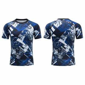 Chemise de compression à manches courtes pour homme, imprimé par sublimation, séchage rapide, spandex, polyester, motif bleu et blanc - Product Image 2