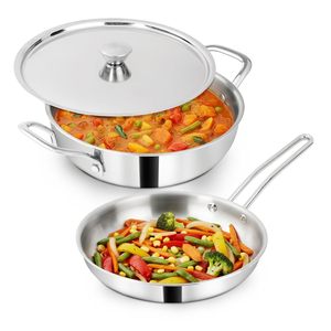 Juego de utensilios de cocina de acero inoxidable, olla tripla de 24 cm con tapa, sartén antiadherente de 22 cm con certificación ISI, cuerpo de 3 capas - Product Image 3