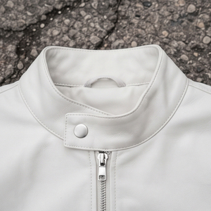 Chaqueta de moto de cuero PU blanca para hombre, cuello alto, elegante, chaqueta de cuero para motociclista, abrigo de motorista con cremallera personalizada para hombre - Product Image 6