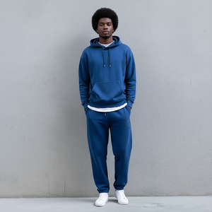 Men Solid Blue Hooded Tracksuit Set Full Sleeve Casual <b>Jogger</b> Pants Sweatshirt With Front Logo Print Regular Fit Autumn Wear - Product Image 3