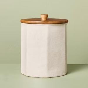 Refined Ceramic Storage Canister Wooden Lid Faceted Design Airtight Kitchen Jar Modern Counter Organizer Premium <b>Home</b> <b>Essential</b> - Product Image 2
