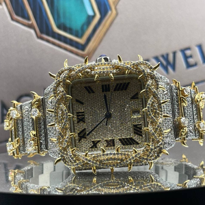 Montre de luxe bicolore entièrement sertie de moissanite, lunette à motif épines, boîtier carré, mouvement automatique, cadran romain, étanche - Product Image 1