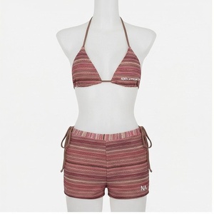 Ensemble bikini rayé à bretelles avec short à cordon de serrage, maillot de bain deux pièces pour femme, tenue de plage, logo Afrique du Nord sur le devant - Product Image 1