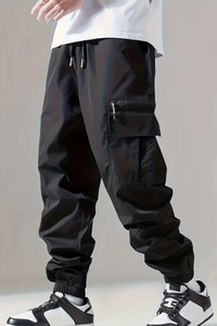 Pantalon cargo vert pour homme, taille élastique, plusieurs poches, fermeture à cordon, respirant, poids moyen, polyester, style décontracté urbain - Product Image 3