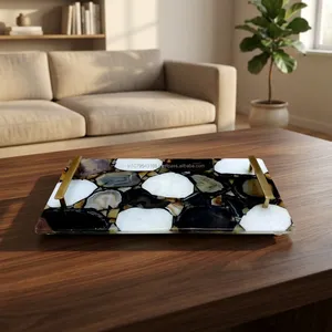 Handmade Black Agate Stone <b>Serving</b> <b>Tray</b> with <b>Gold</b> Metal Handles Rectangular Decorative Kitchen Coffee Table Display Luxury Home - Product Image 4