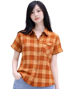 Custom Orange And Beige Plaid Womens Short Sleeve Button Up Shirt Casual Summer Lightweight Breathable <b>Checkered</b> <b>Top</b> With Pocket - Product Image 1