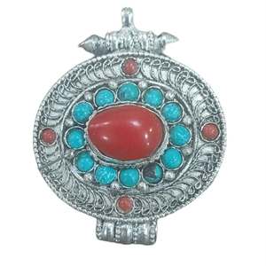 Colgantes de Aleación Plateada Tibetana con Coral y Turquesa, Diseño Floral Étnico Budista, Engaste Circular, Joyería Unisex para Regalo - Product Image 5