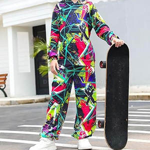 Conjunto Deportivo Unisex con Capucha y Estampado Geométrico, Manga Larga, Corte Holgado, Estilo Urbano, Transpirable, Cintura Elástica, Bolsillos Laterales - Product Image 3