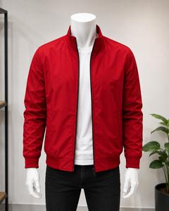 KOURPUR INTERNATIONAL Men's Red Bomber Jacket Stand Collar <b>Covered</b> <b>Button</b> Closure Casual Slim Fit Polyester Winter Wear - Product Image 4