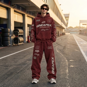 Men's Oversized Burgundy Acid Wash Hoodie Tracksuit <b>Sets</b> Heavyweight Streetwear Cotton <b>Jogger</b> <b>Matching</b> Sweat Suit Custom Apparel - Product Image 4