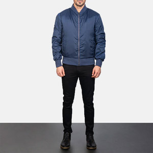Men's Blue Genuine Leather Slim-Fit Bomber Jacket with Stand Collar Regular Fit <b>Covered</b> <b>Button</b> Closure Front Logo - Product Image 3