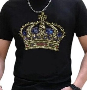 Camiseta de Hombre con Corona de Diamantes de Imitación, Diseño de Rey con Cristales Dorados, Camiseta Brillante de Manga Corta, Prenda Urbana de Alta Calidad para Fiestas y Moda - Product Image 3